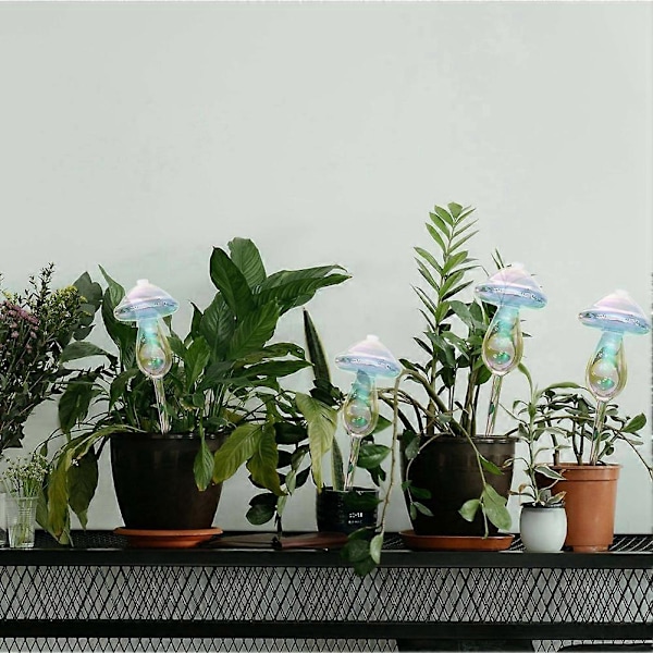 4-pack Självbevattnande Klot, Glasbevattningskannor, Svampdesign, Handblåst Glas, Lämplig för Inomhus- & Utomhusväxter