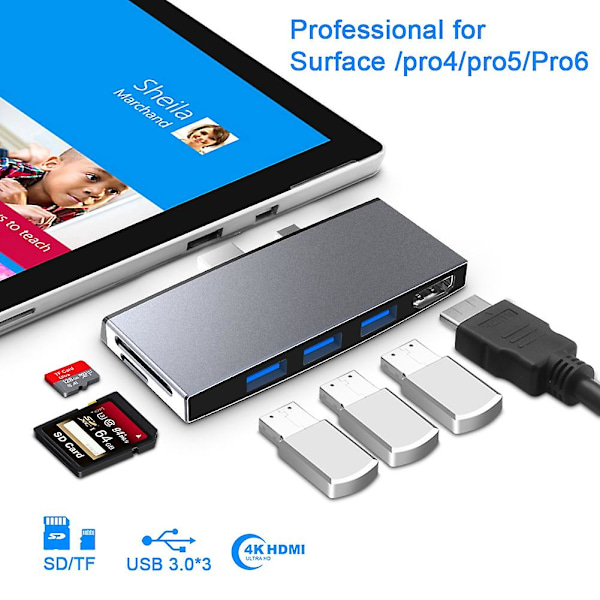 For Pro 6 5 4 Hub 5 i 1 USB Docking Station med 4K-kompatibel 2 porte USB 3.0 hukommelseskort slot R