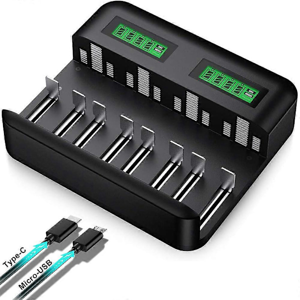 LCD Universal Batterilader - 8-bays AA /AAA /C /D Batterilader til Genopladelige Batterier med 2A USB Port, Type C Indgang, Hurtig AA /AAA Batteri Opladning