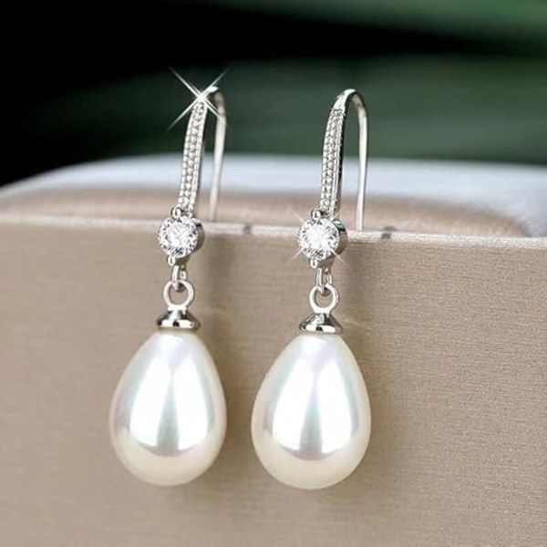 Dams 925 Sterling Silver Vita Droppformade Pärlörhängen med Kubisk Zirkonia Kristalldiamant, Utsökt Pärl Smycke, Present till Kvinnor