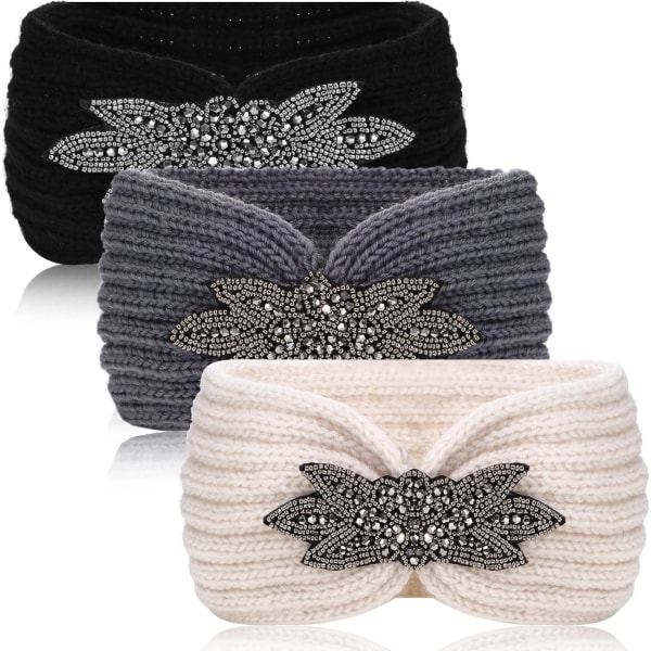 Vinterhandstickade pannband för kvinnor (svart, beige, grå) 3 stykker
