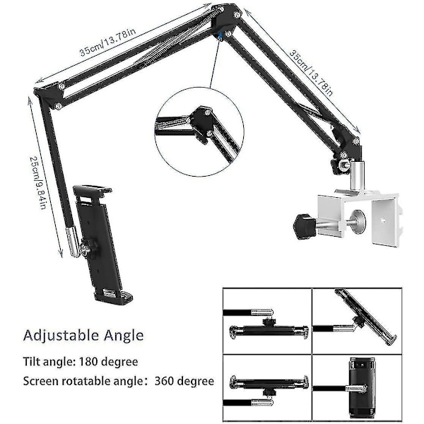 Tablet Holder Til Seng, Justerbar Og Foldbar Med 360 Graders Rotation Til Iphone, Ipad, Mobiltelefon, Tablet, Kindle Fire Eller Andre Enheder 1.85\"-12.8\"