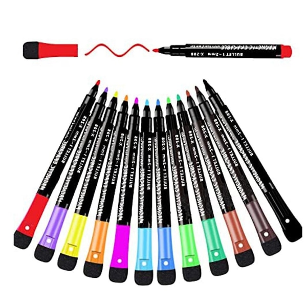 12 magnetiske tavlepenne Eraser Dry Wipe Outline Marker Pen