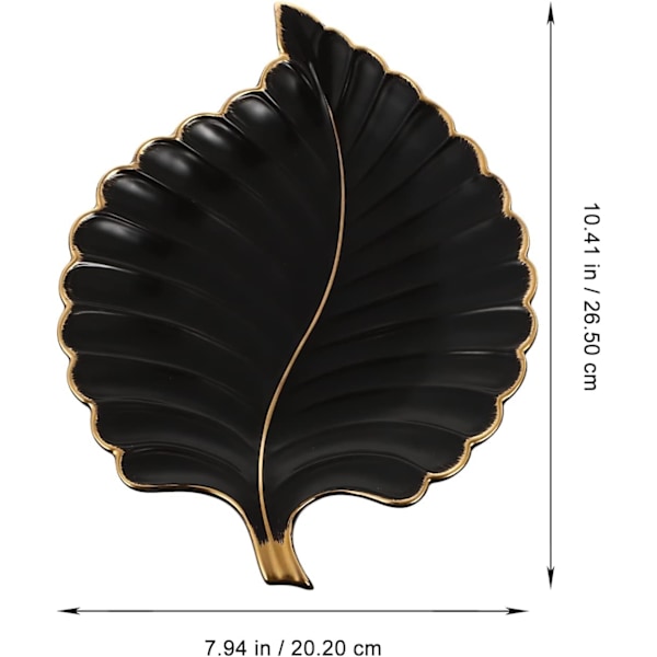 Keramisk smykkerings- og armbåndsbrikkeholder, dekorativt bladformet tallerken for mat, frukt, snacks og dessert, for bryllup og festdekorasjon, svart