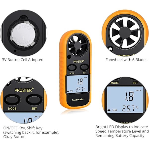 LCD Anemometer - Vindhastighedsmåler med Baggrundsbelysning