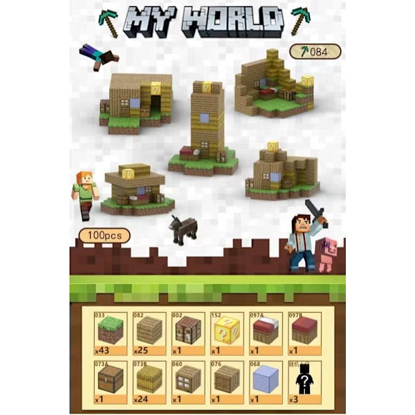 Minecraft byggklossar, inklusive 100 sexsidiga magnetiska leksaker med 3 dockor (Ranch Cottage) Ranch Cottage