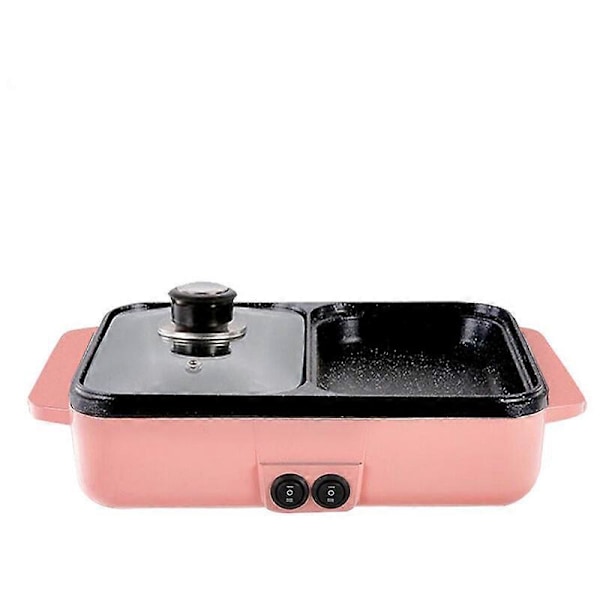 2 i 1 Multifunktionel 1400W Elektrisk Gryde Kogeplade Grill Hot Pot Noodles Æg Sup Grill Non-stick Grillplade Grillpande (Pink, EU 220V stik