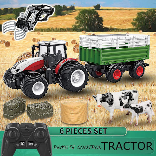 Radiostyrd Traktor, 1:24 Skala 2.4ghz Radiostyrd Traktor Leksak Med Släp Gripare Höbalar Skruvmejsel Kor