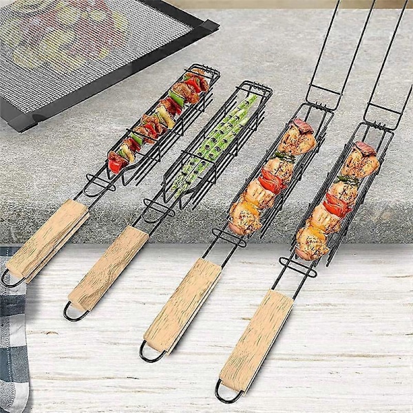 4 stk. Grillkurv til Udendørs Grillning - Non-Stick Grillkurv til Grillning af Grøntsager, Kød &