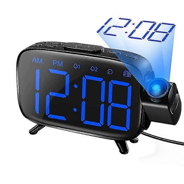 Projektionsväckarklocka med radio, 180° projektor, 7 ljud, dubbla alarm, snooze, dimbar LED-display för barn