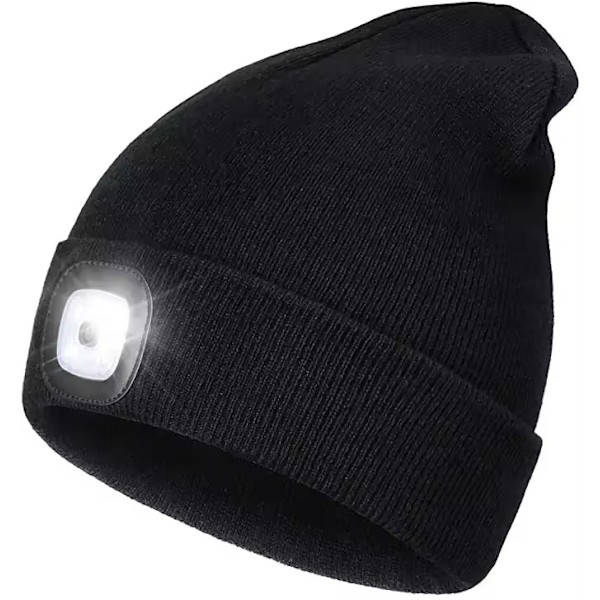 Unisex USB Laddningsbar Luminous LED Vinterhatt Varm Hatt med Huvudlampa för Natt och Höst Huva Inre Ljus Black