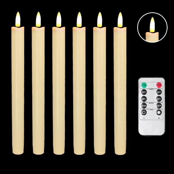 6-pak Batteridrevne LED-lys med Fjernbetjening og Timer, Ægte Voks Flimrende Varmt Hvidt Lys