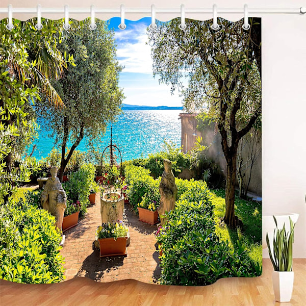 Solig strandträdgård med vacker utsikt Badrumsdekoration 3D högupplöst polyester vattentät duschdraperi 180X180cm badrumsnödvändighet