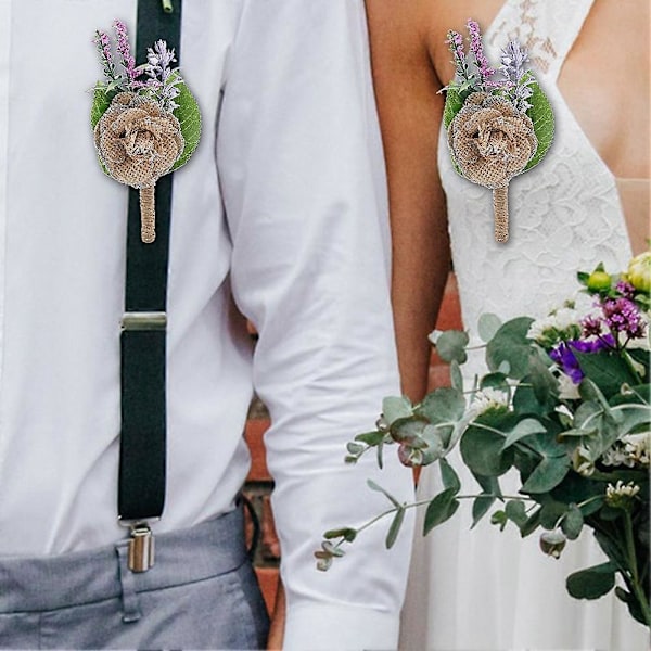 4 stk. Linned Boutonniere Corsage Brudgom Brud Kunstig Brystblomst Bryllup Prom Fest Dekoration