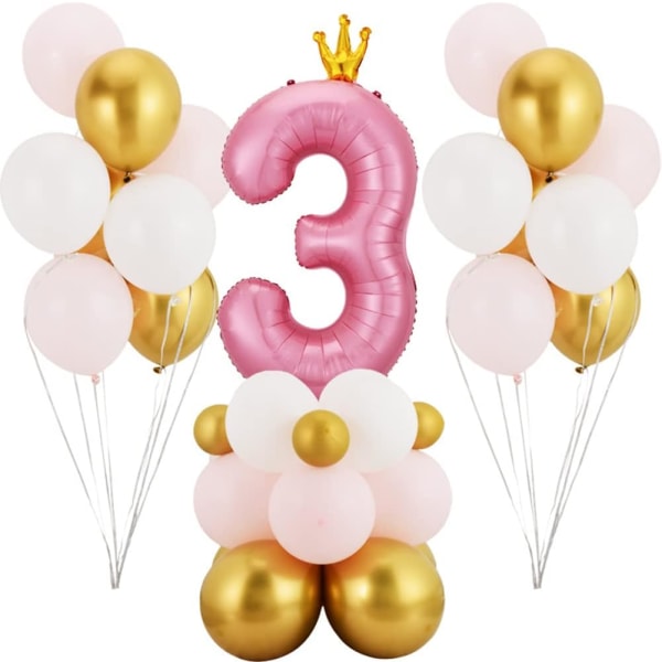 Pink krone nummer 3 ballon, 40' stort nummer folieballon med latex balloner, 5-års fødselsdagsdekorationer Pige 33 stk festpynt (pink 5)