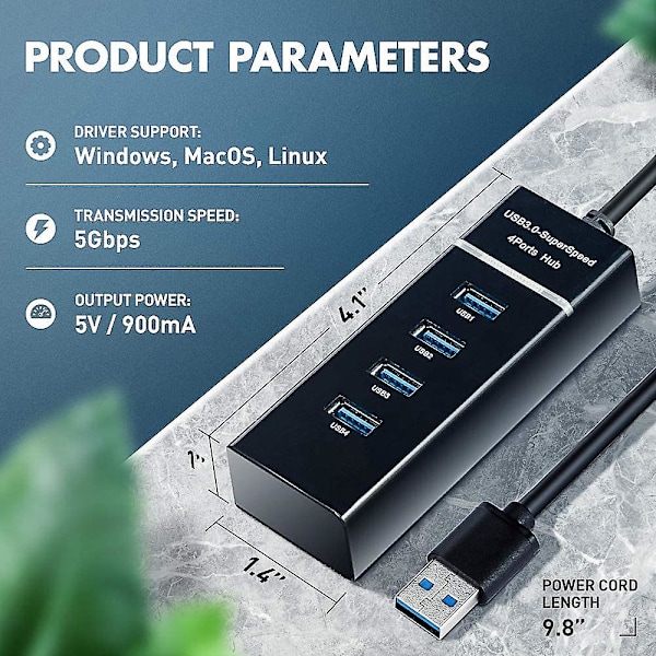 USB 3.0 Hub med Strömförsörjning, 4 Portar, Bärbar USB-Datahub, Delare, Adapter