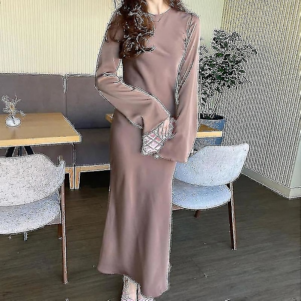 Satin Klänning för Kvinnor, Slank Maxi Klänning med Lång Ärm, Hög Midja, Elegant Enfärgad Klänning