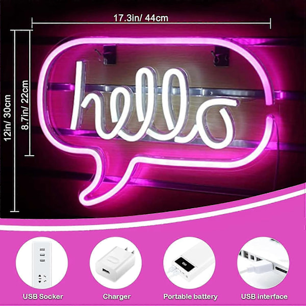 Hello Neon-skylt, Vit & Rosa hello Ljusskylt, USB LED Neon-skylt som Väggdekor för Hem, Sovrum, Bar, Kafé, Restaurang, 17.3 x 8.7 tum