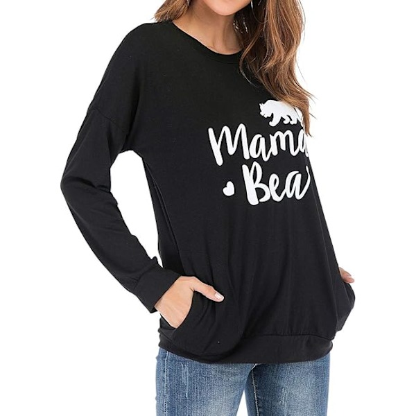 Dame Mama Bear Sweatshirt Trøje Rundhals Langærmet Top Trøje Med Lommer