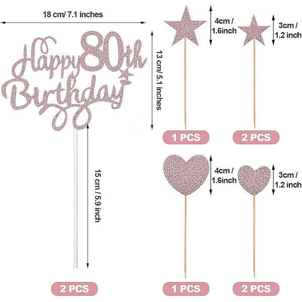 10 kpl 80-vuotis syntymäpäiväkakun koristeita naisille, Onnellinen 80-vuotis syntymäpäiväkakun koriste tähti- ja sydänkoristeilla