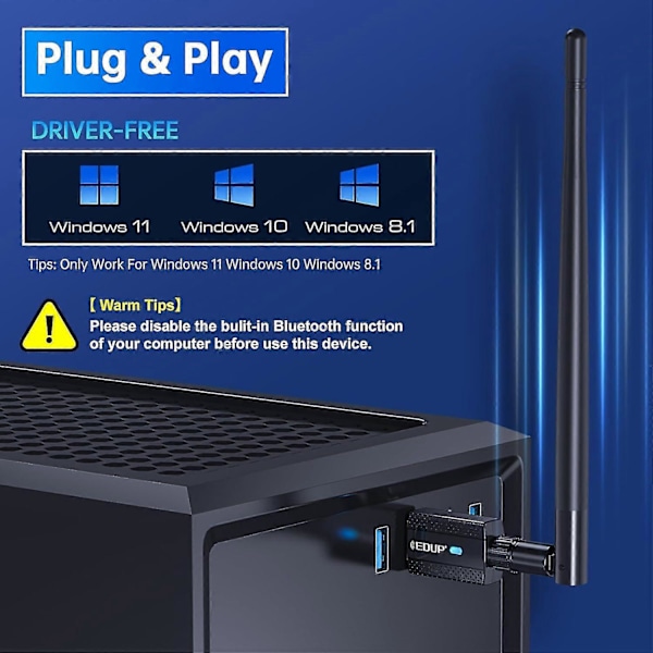 USB Bluetooth 5.3 Adapter for PC, Driver Free, Lang Rekkevidde 492ft / 150m Bluetooth Stick Mottaker & Sender Kompatibel med Windows 11/10/8.1, (trenger