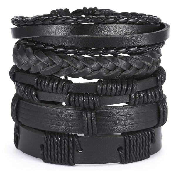 5-pack Handgjorda Läderarmband Herrarmband Svart sort black