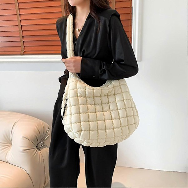 Puffig Crossbody Väska Lättviktig Quiltad Puffig Tygväska Puffig Axelväska Quiltade Väskor för Kvinnor (Off white) fri leverans linzero