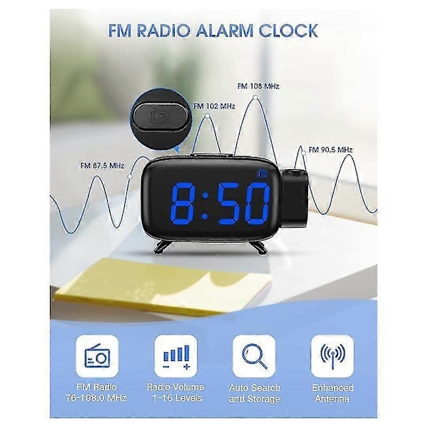 Projektionsväckarklocka med radio, 180° projektor, 7 ljud, dubbla alarm, snooze, dimbar LED-display för barn