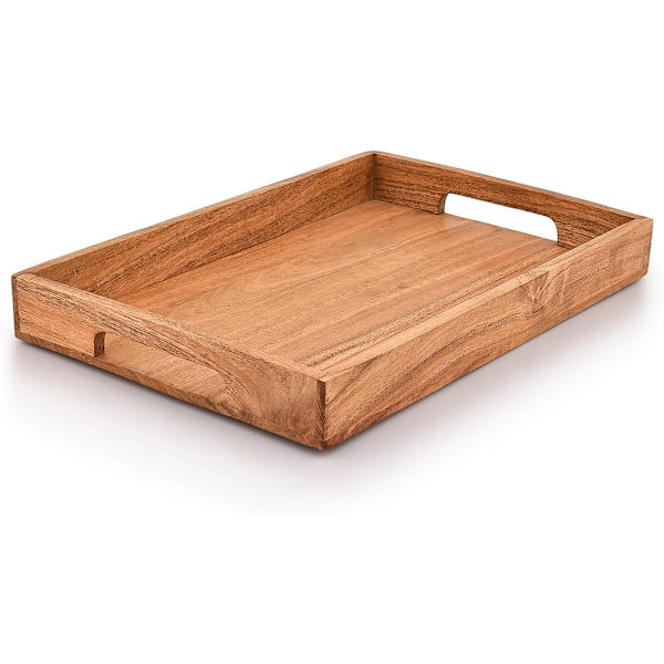 Bricka i Akaciaträ med Handtag, Träbricka, Snacksbricka, Perfekt för Frukost, Kaffebord (38.1cm x 25.4cm x 4.06cm)