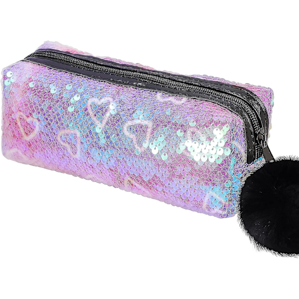 Sequin Preppy Pencil Case For Girls, Fluffy Zip Pull Pouch Bag Holographic Pen Case Sparkling School Stuff Shimmery Glitter Makeup Bag (purple,heart)