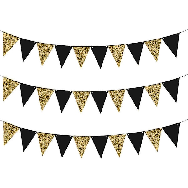 (NYT MØNSTER) Trekant Flag Bunting Banner, 3 Pak Pennant Banner til Bryllup, Babyshower, Event & Festartikler 30 stk Flag (Trekant Flag - Sort Gå