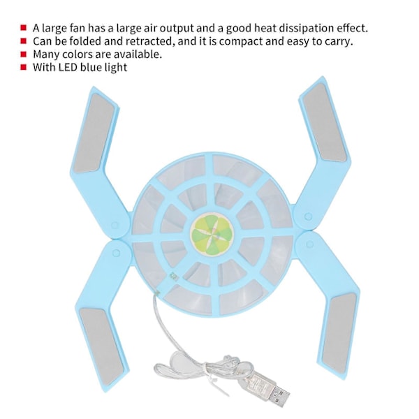 Laptop-kylplatta med lysande stor fläkt, USB-drivet bärbar dator, hopfällbart stativ DRS08 (blå)