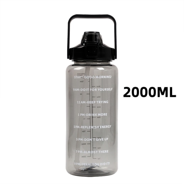 2 liter vattenflaska med sugrör Stor portabel sportvattenkopp Black 2000ml