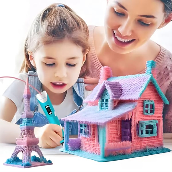 3D-pen med 3 farvede filamenter på 3 meter, 3D-pen med tegningsskabelon, penneholder og oplader Pink 3D Pen