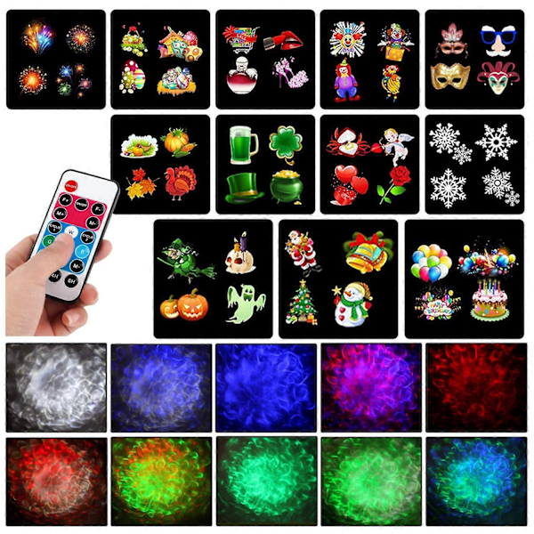 Juleprojeksjonslampe, 12 lysbilder + 9 farger LED-bølge lysprojektor IP65 Utendørs projektor med fjernkontroll Projektor for jul, Halloween,