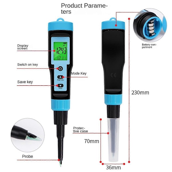 Ruokien pH-mittari 0,00-14,00PH Korkea Tarkkuus Lämpötila PH-testaaja Anturi Happoanalyysi Lihan Säilykkeille Ch