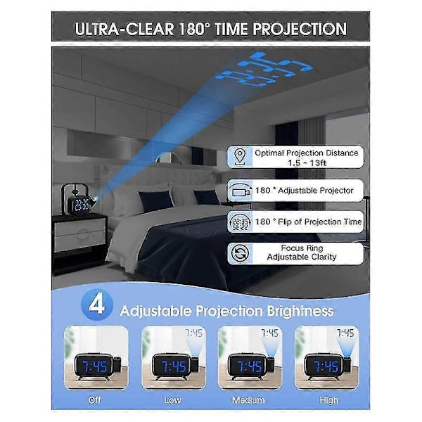 Projektionsväckarklocka med radio, 180° projektor, 7 ljud, dubbla alarm, snooze, dimbar LED-display för barn