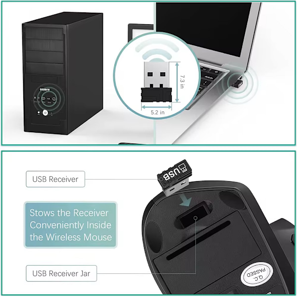 2,4 GHz, Bluetooth Trådløs Ergonomisk Vertikal Mus med 6 Knapper og 3 Justerbare DPI 800/1200/1600