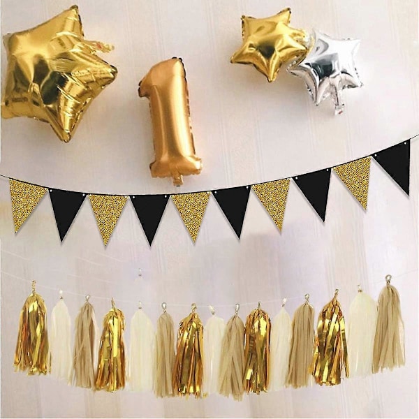 (NYT MØNSTER) Trekant Flag Bunting Banner, 3 Pak Pennant Banner til Bryllup, Babyshower, Event & Festartikler 30 stk Flag (Trekant Flag - Sort Gå