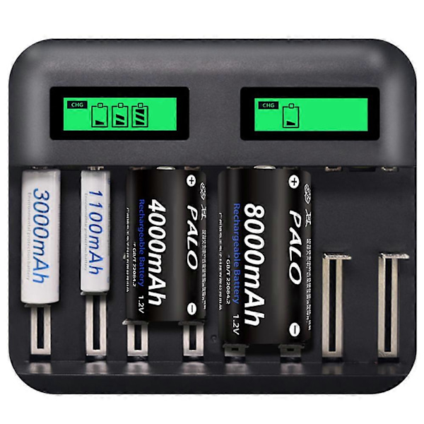 LCD Universal Batteriladdare - 8-fack AA /AAA /C /D Batteriladdare för Uppladdningsbara Batterier med 2A USB-port, Typ C-ingång, Snabb AA /AAA Batteriladdare