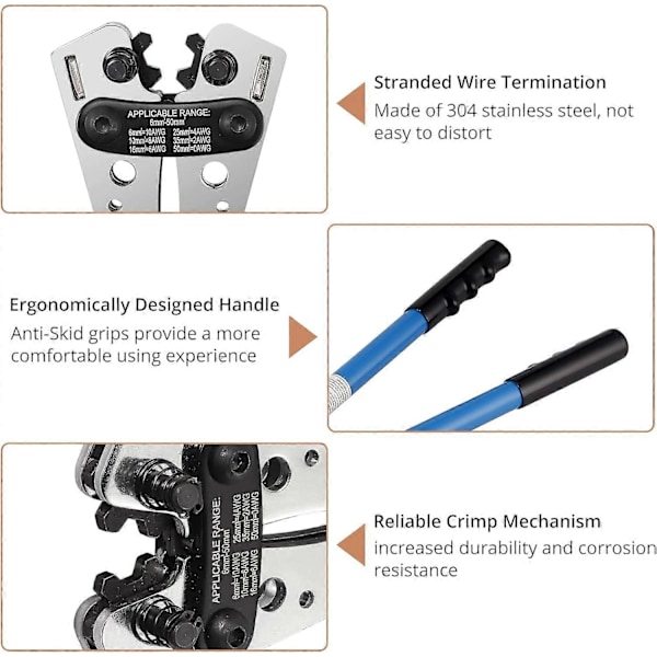 Sæt af Krympe Tang, Justerbar Krympe Tang AWG 10-0 Trådterminal Krympeværktøj 6-50 mm Multifunktionel Kabelkuttere med Skridsikre Greb til