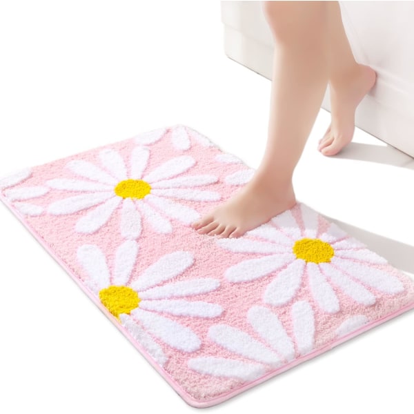 Badetæppe Pink Smuk Daisy Bademåtte Hvid og gul Blomsterdekorativt skridsikkert tæppe Superabsorberende Mikrofiber Bademåtte, Soveværelse 16" x 24"