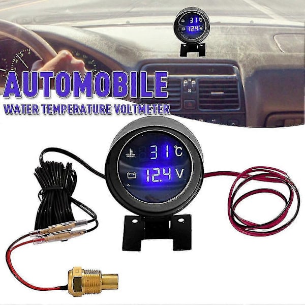 2-i-1 Bilvattentemperaturmätare HD LCD-display Voltmeter Temperaturmätare för fordon - I lager