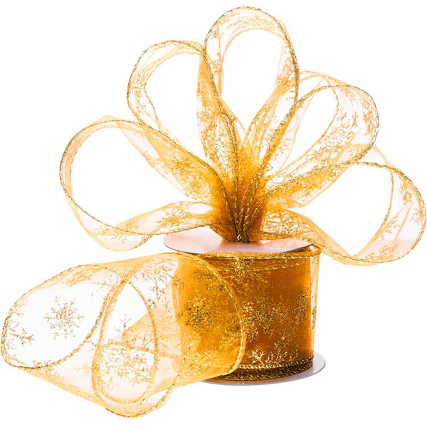 Gold Organza Gift Ribbon - Christmas Ribbon with Wire Gift Wrap 10m x 63mm with Sequins and Snowflakes Christmas Decoration