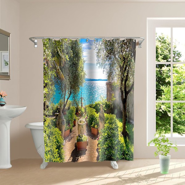 Solig strandträdgård med vacker utsikt Badrumsdekoration 3D högupplöst polyester vattentät duschdraperi 180X180cm badrumsnödvändighet