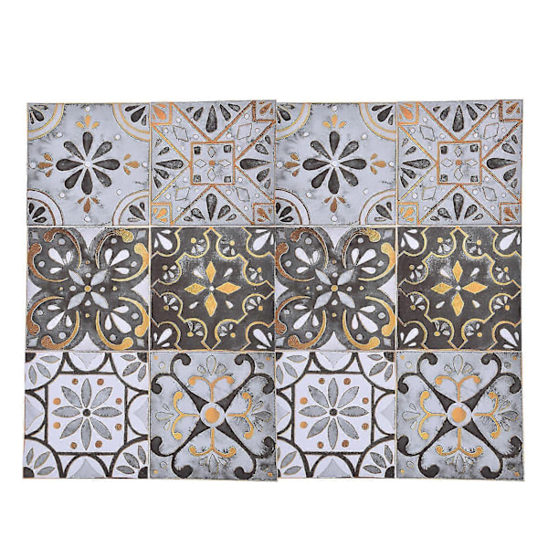 2-pack golvplattor klistermärken självhäftande keramiska plattor dekoration vattentät vintage retro stil för kök badrum ljusgrå med guldkanter