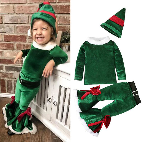 Småbørn Piger Juletøj Fløjl Børn Julemand Kostumer Top Bukser Hat Sæt Green 100cm