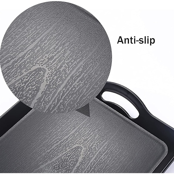 Svart brett med håndtak, 40,6 x 28 x 3 cm, rektangulært, sklisikkert, allsidig plastbrett for spisestue, fest, kaffebord, kjøkken