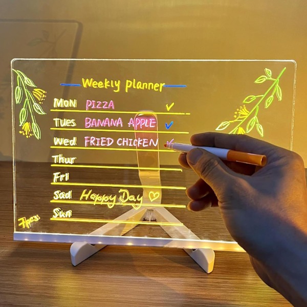 Luminous Akrylmarkör, Akryl Torkbräda med Stativ, LED Transparent Skrivbords-Sticky Note Memo 7 Pens