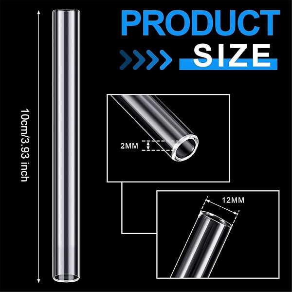6 kpl 4 tuuman läpinäkyvää borosilikaattilasitubia 12 mm ulkohalkaisija 8 mm sisähalkaisija 2 mm paksu lasinpuhallustubeja puhdistusharjan kanssa